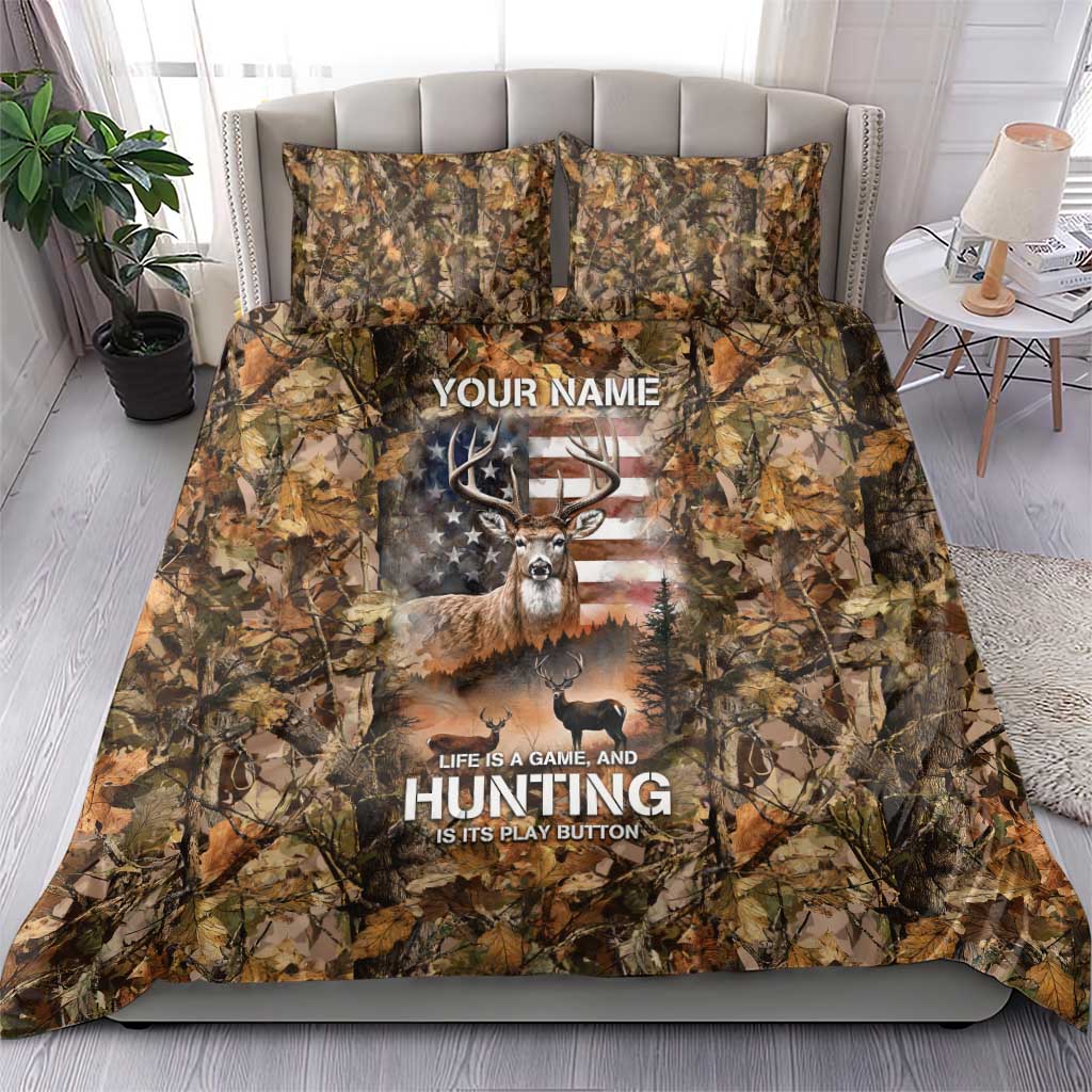 Personalized Buck Deer Hunting Bedding Set American Flag Sunset Forest in Camouflage