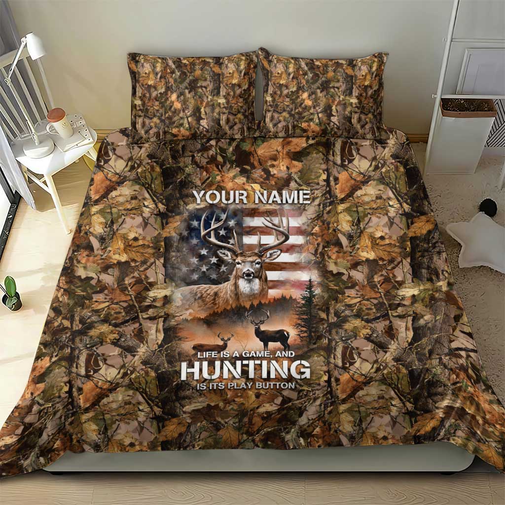 Personalized Buck Deer Hunting Bedding Set American Flag Sunset Forest in Camouflage