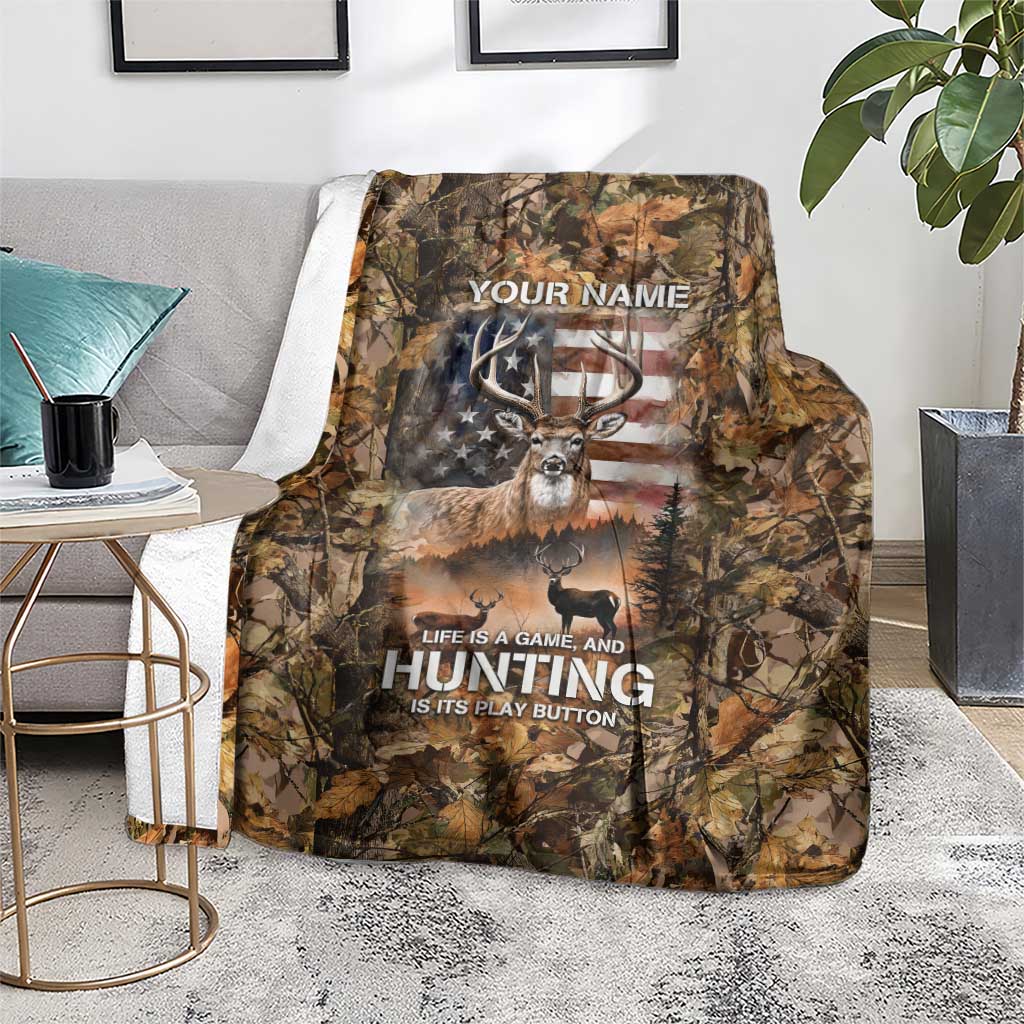 Personalized Buck Deer Hunting Blanket American Flag Sunset Forest in Camouflage