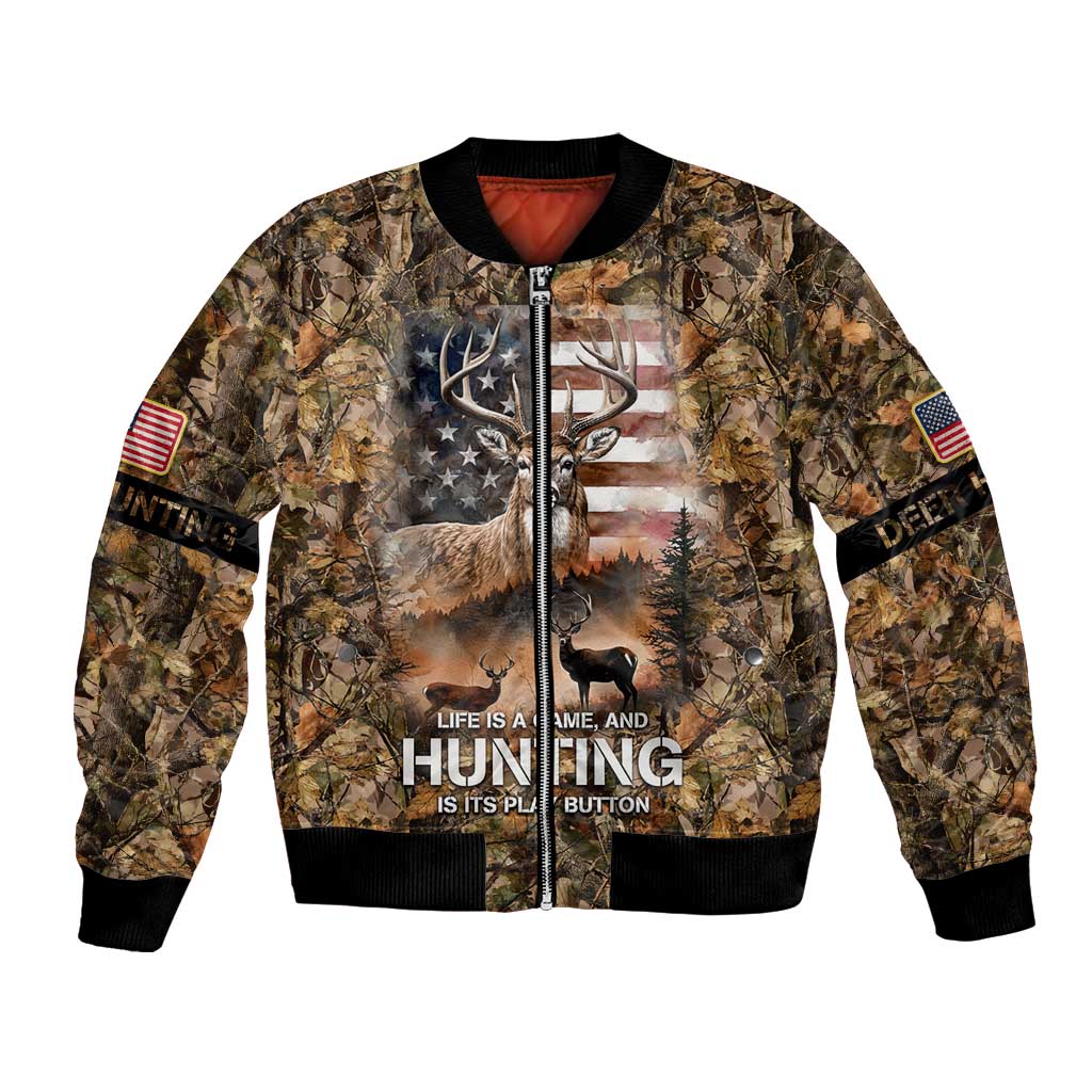 Personalized Buck Deer Hunting Bomber Jacket American Flag Sunset Forest in Camouflage