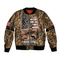 Personalized Buck Deer Hunting Bomber Jacket American Flag Sunset Forest in Camouflage
