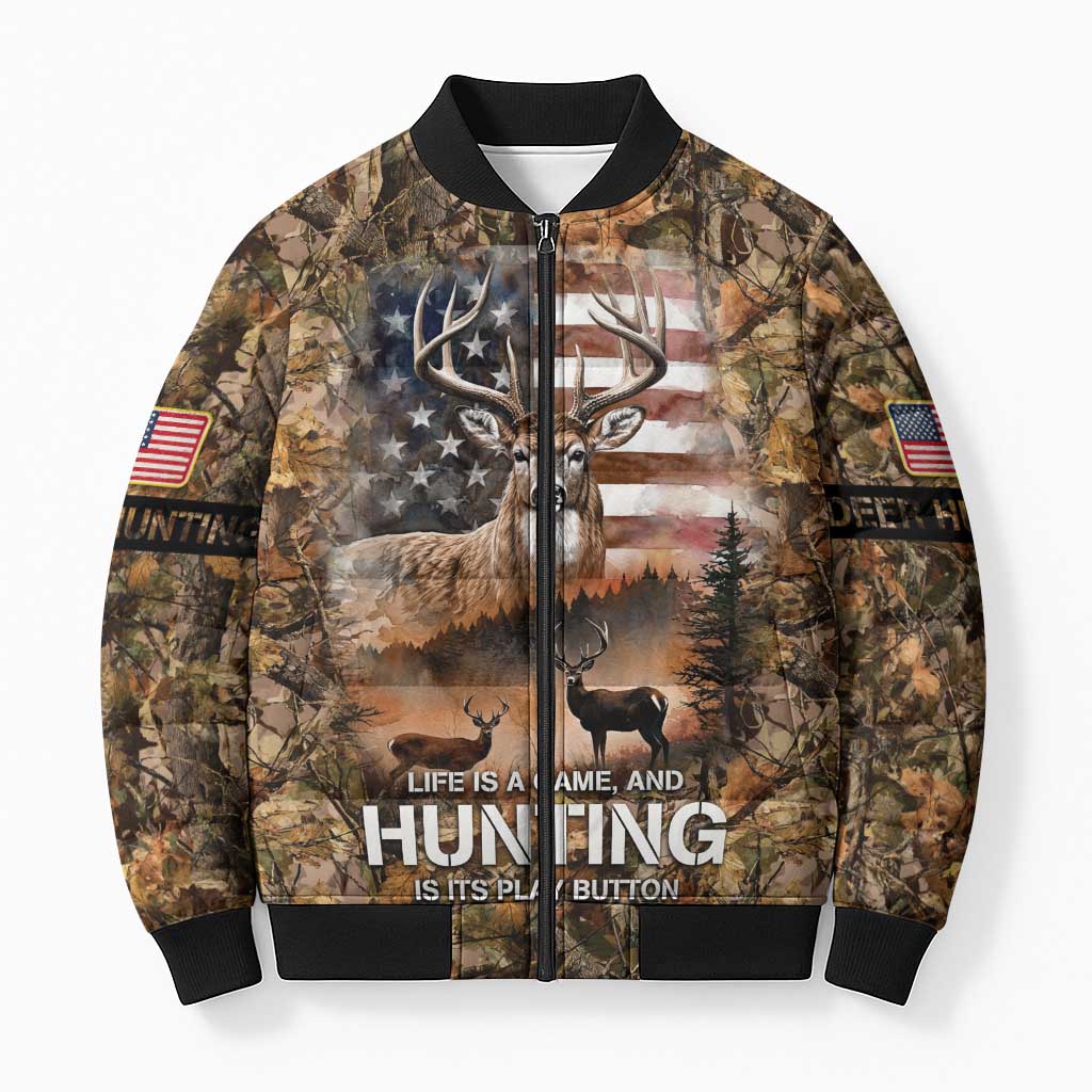 Personalized Buck Deer Hunting Bomber Puffer Jacket American Flag Sunset Forest in Camouflage