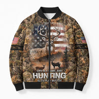 Personalized Buck Deer Hunting Bomber Puffer Jacket American Flag Sunset Forest in Camouflage