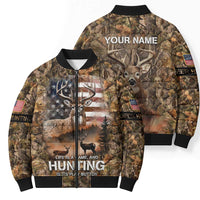 Personalized Buck Deer Hunting Bomber Puffer Jacket American Flag Sunset Forest in Camouflage
