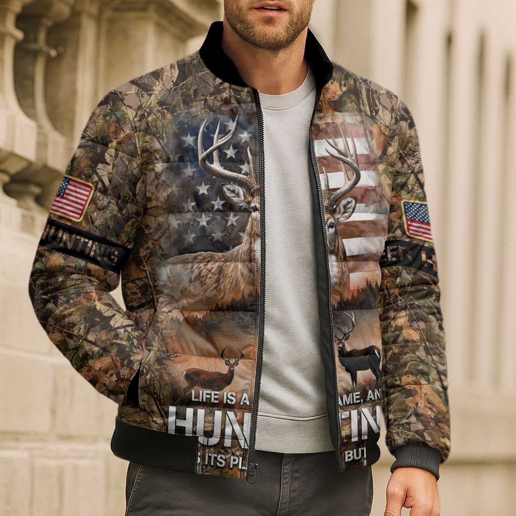 Personalized Buck Deer Hunting Bomber Puffer Jacket American Flag Sunset Forest in Camouflage