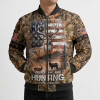 Personalized Buck Deer Hunting Bomber Puffer Jacket American Flag Sunset Forest in Camouflage