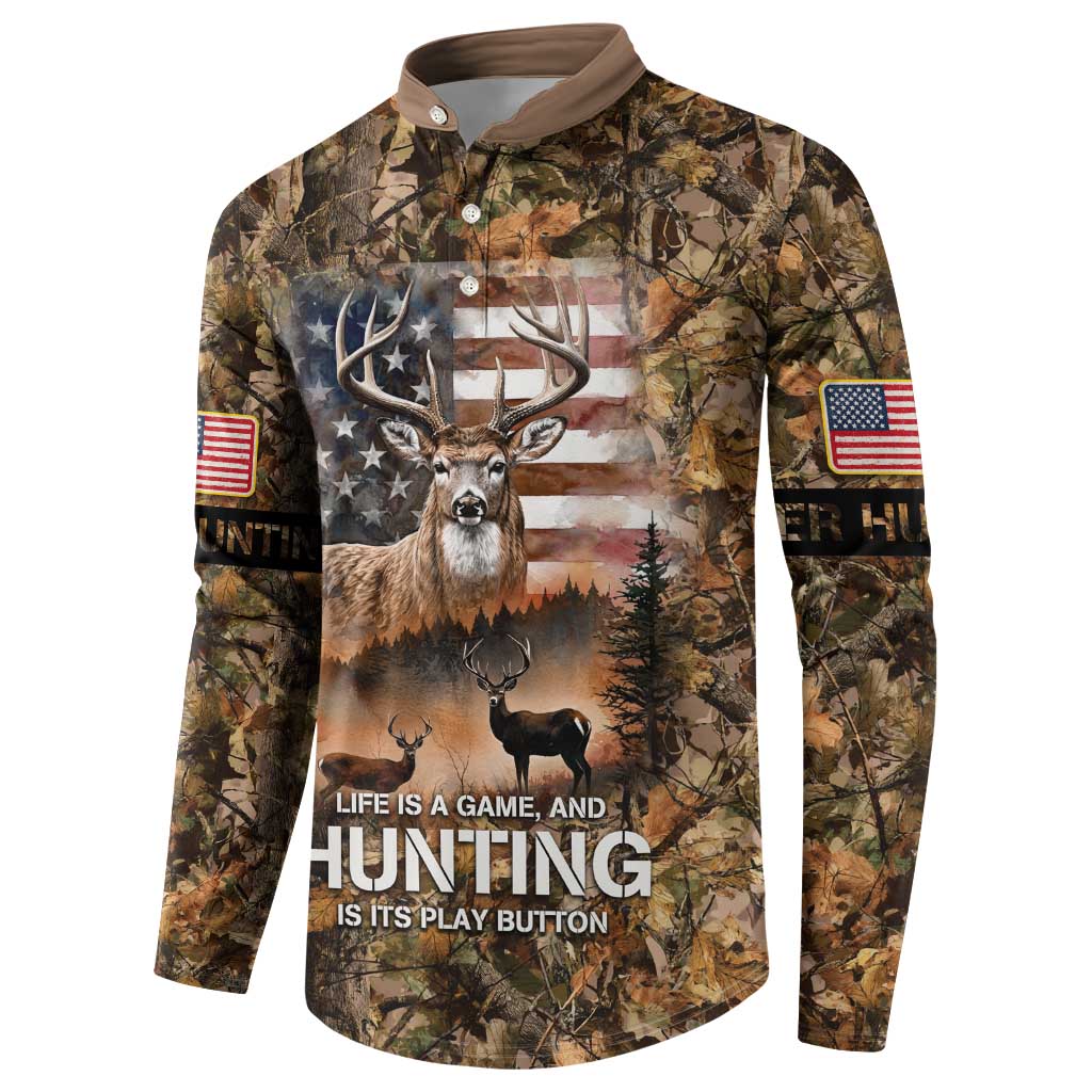 Personalized Buck Deer Hunting Button Sweatshirt American Flag Sunset Forest in Camouflage