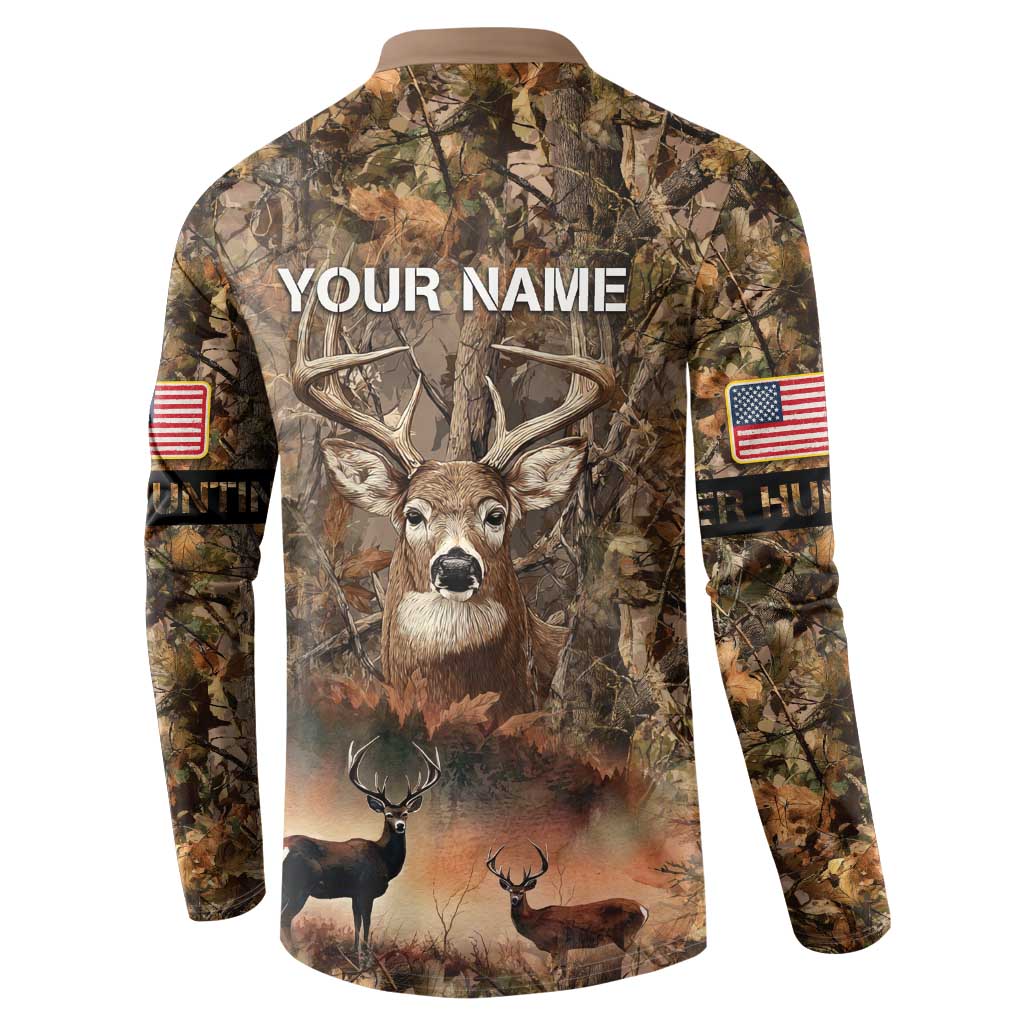 Personalized Buck Deer Hunting Button Sweatshirt American Flag Sunset Forest in Camouflage