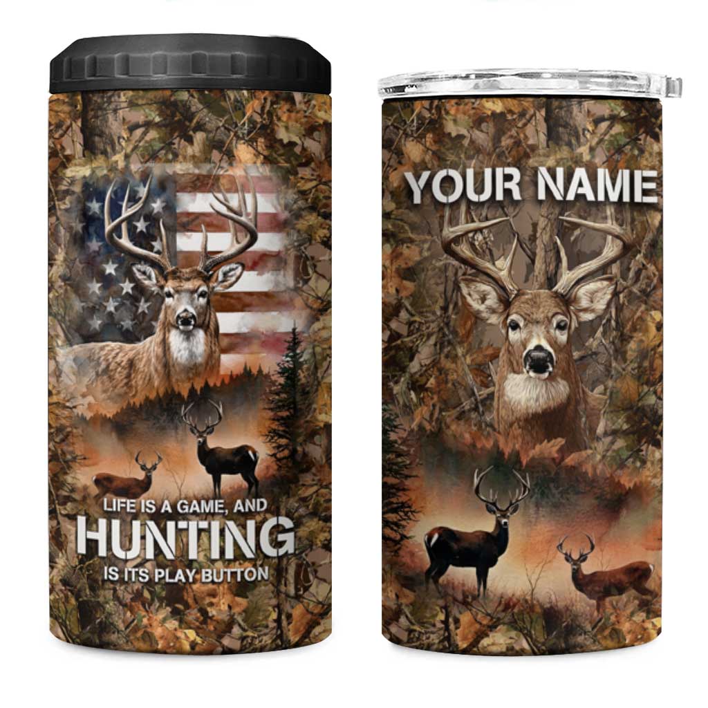 Personalized Buck Deer Hunting 4 in 1 Can Cooler Tumbler American Flag Sunset Forest in Camouflage
