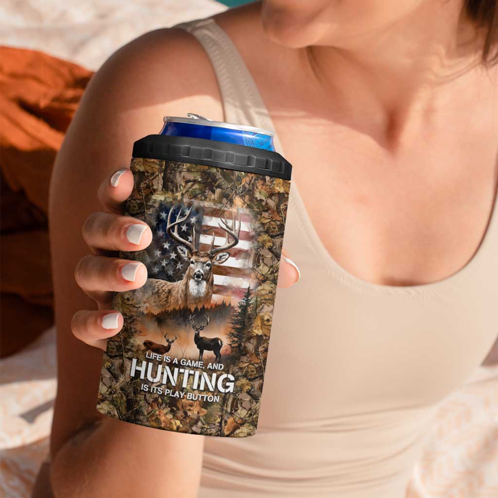 Personalized Buck Deer Hunting 4 in 1 Can Cooler Tumbler American Flag Sunset Forest in Camouflage