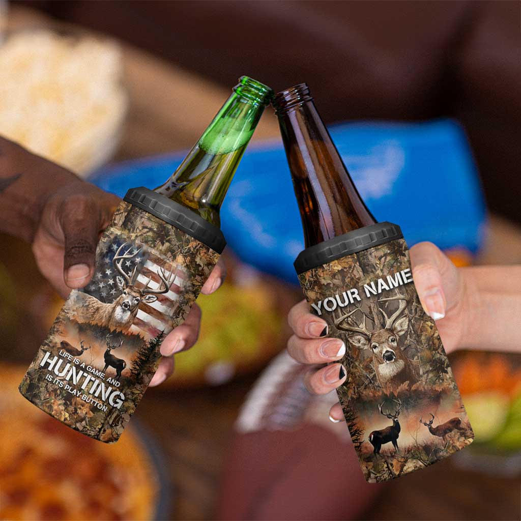 Personalized Buck Deer Hunting 4 in 1 Can Cooler Tumbler American Flag Sunset Forest in Camouflage