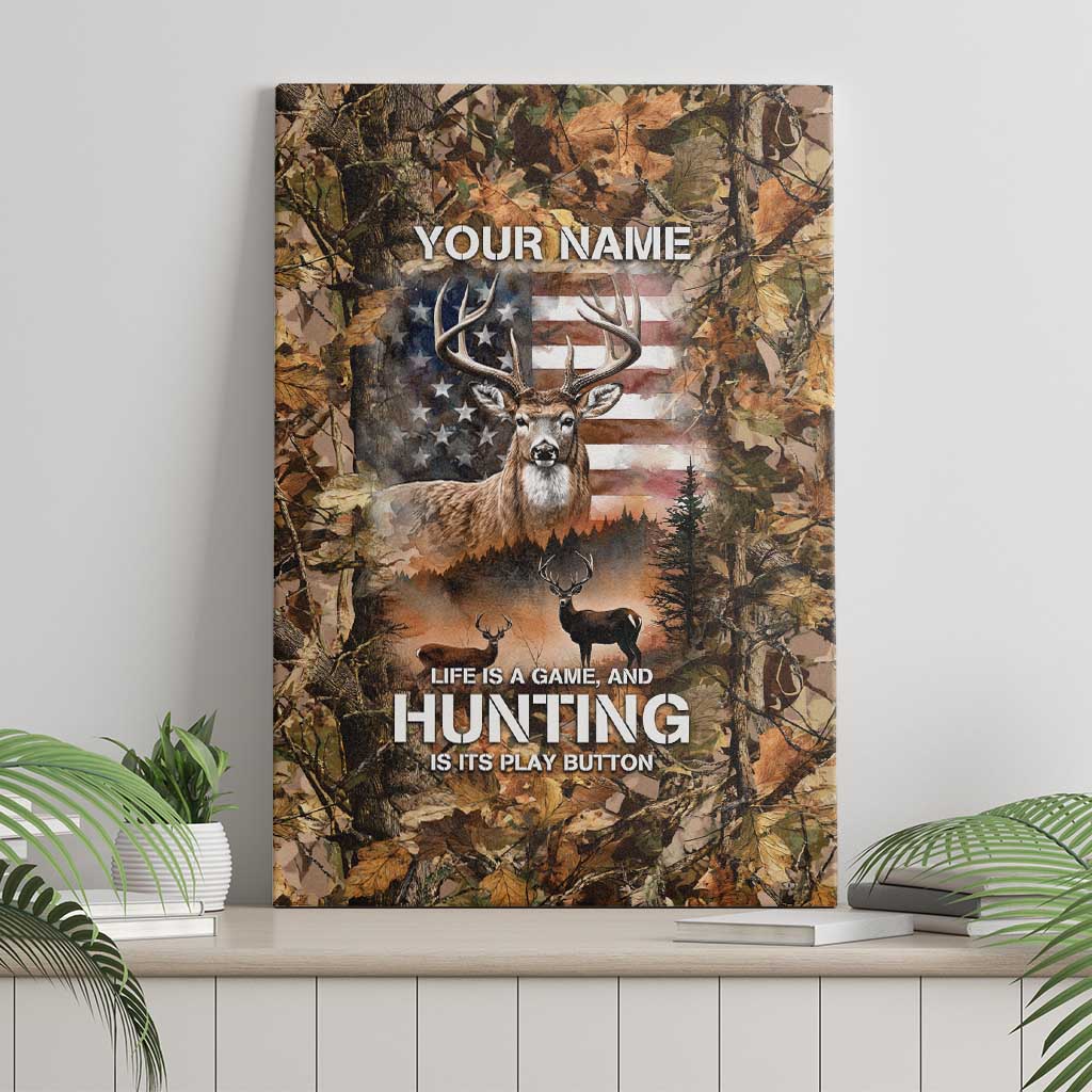 Personalized Buck Deer Hunting Canvas Wall Art American Flag Sunset Forest in Camouflage