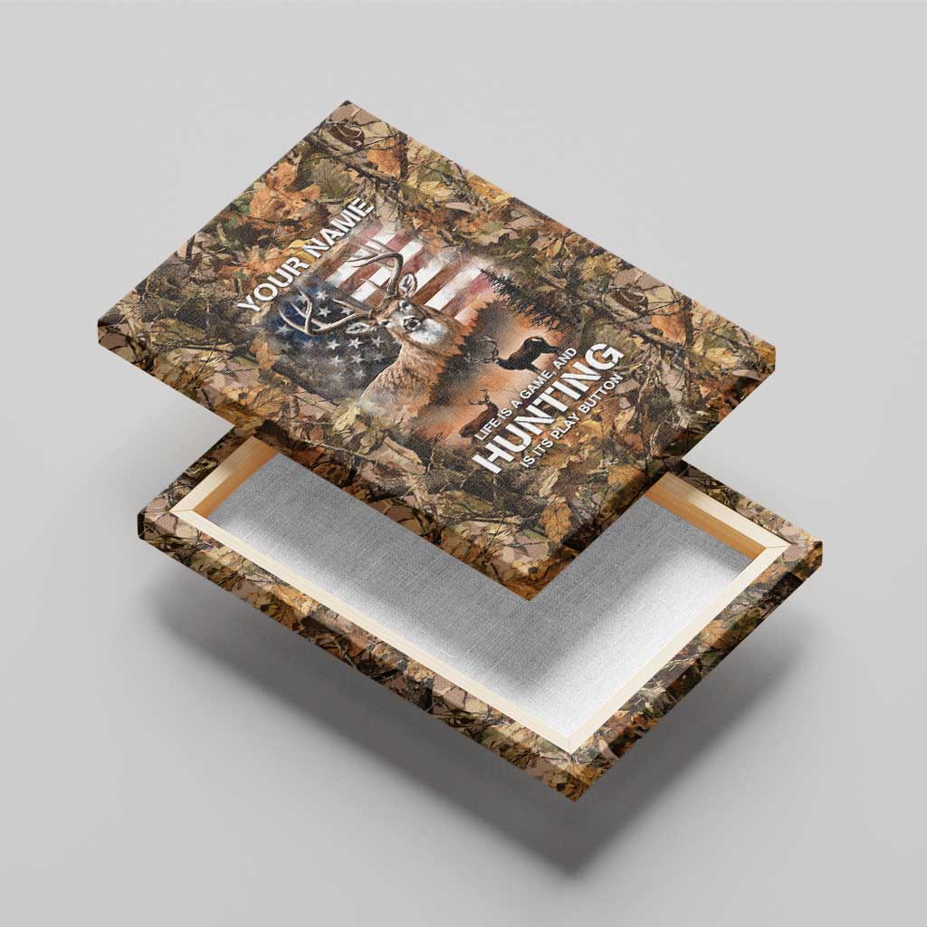 Personalized Buck Deer Hunting Canvas Wall Art American Flag Sunset Forest in Camouflage