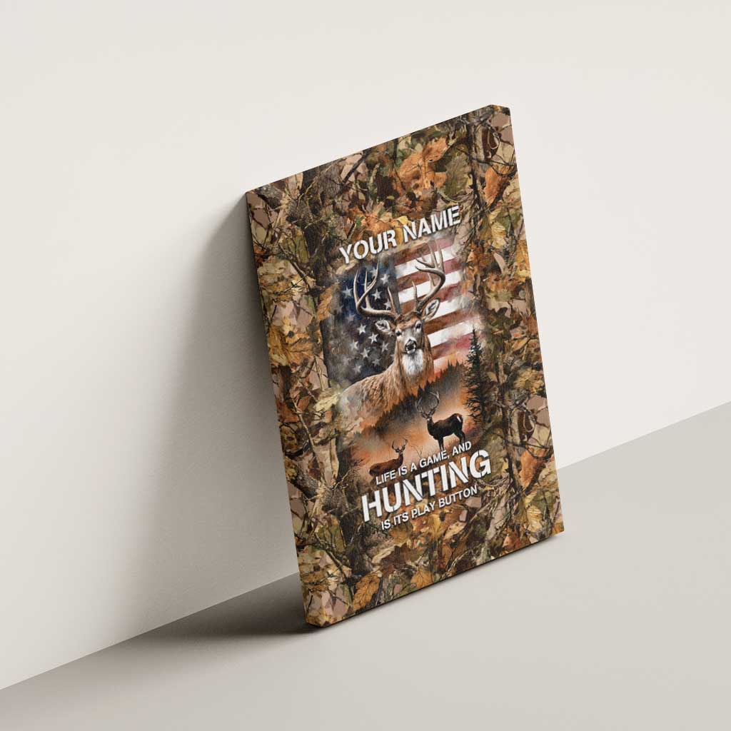 Personalized Buck Deer Hunting Canvas Wall Art American Flag Sunset Forest in Camouflage