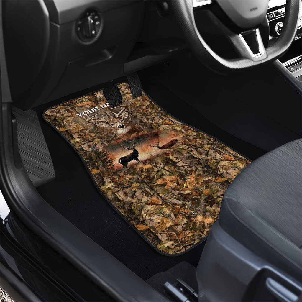 Personalized Buck Deer Hunting Car Mats American Flag Sunset Forest in Camouflage
