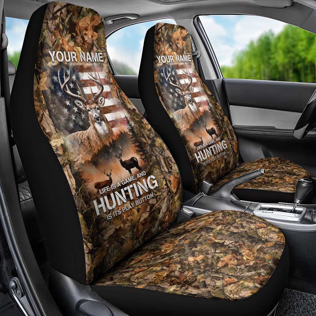 Personalized Buck Deer Hunting Car Seat Cover American Flag Sunset Forest in Camouflage