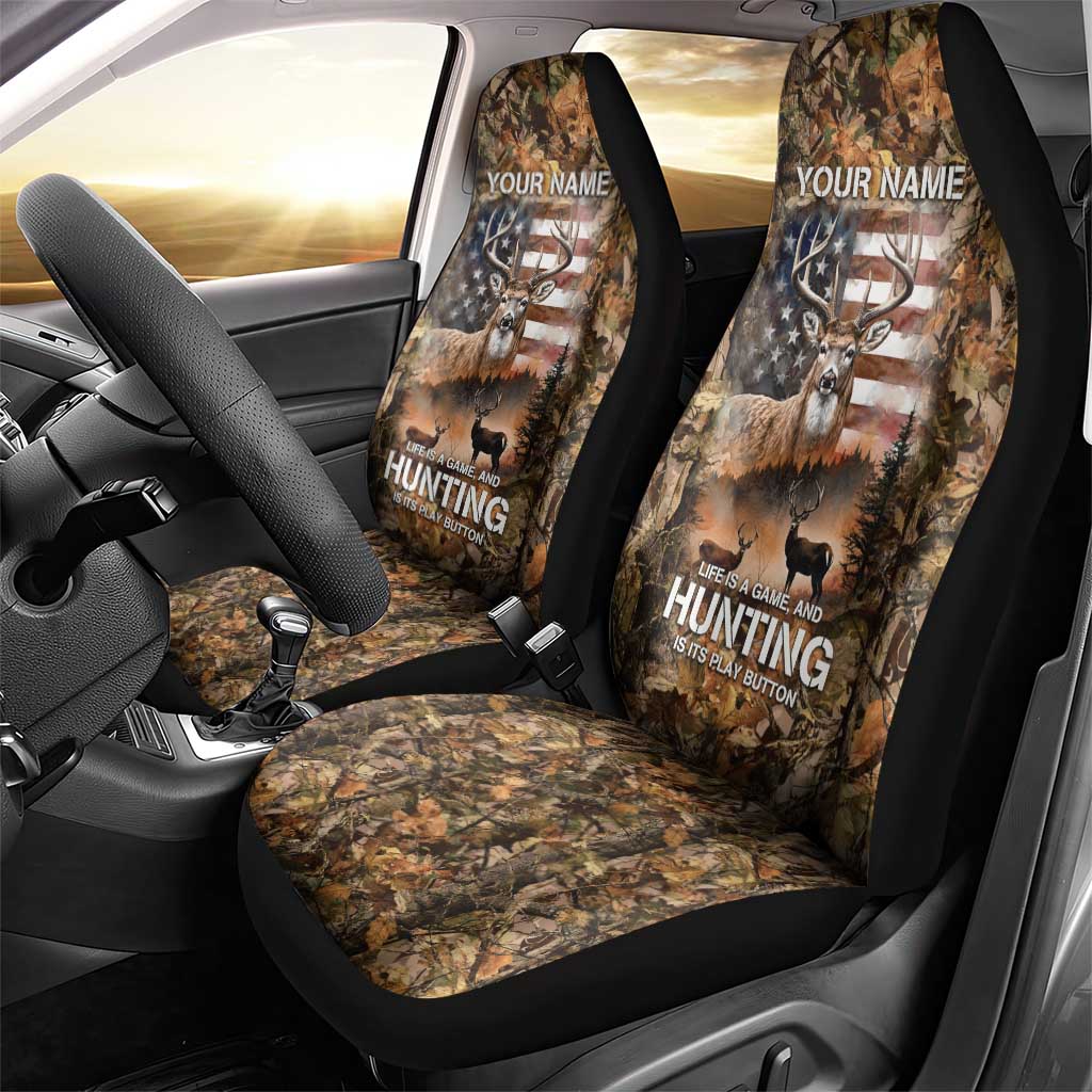 Personalized Buck Deer Hunting Car Seat Cover American Flag Sunset Forest in Camouflage