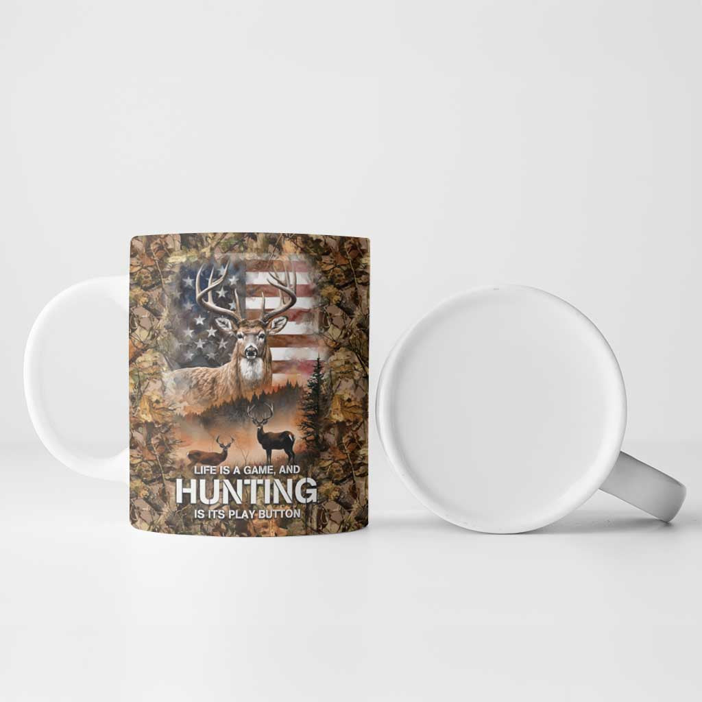 Personalized Buck Deer Hunting Ceramic Mug American Flag Sunset Forest in Camouflage