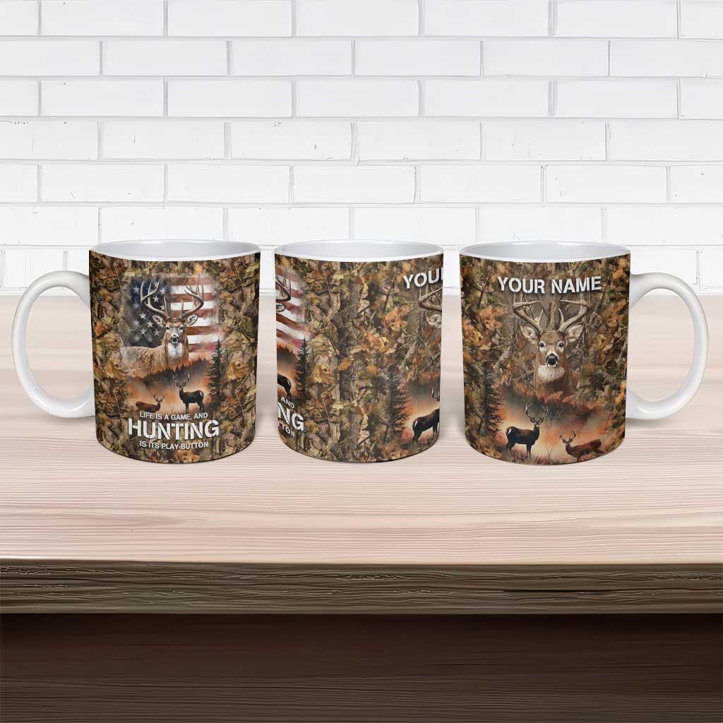 Personalized Buck Deer Hunting Ceramic Mug American Flag Sunset Forest in Camouflage