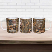 Personalized Buck Deer Hunting Ceramic Mug American Flag Sunset Forest in Camouflage