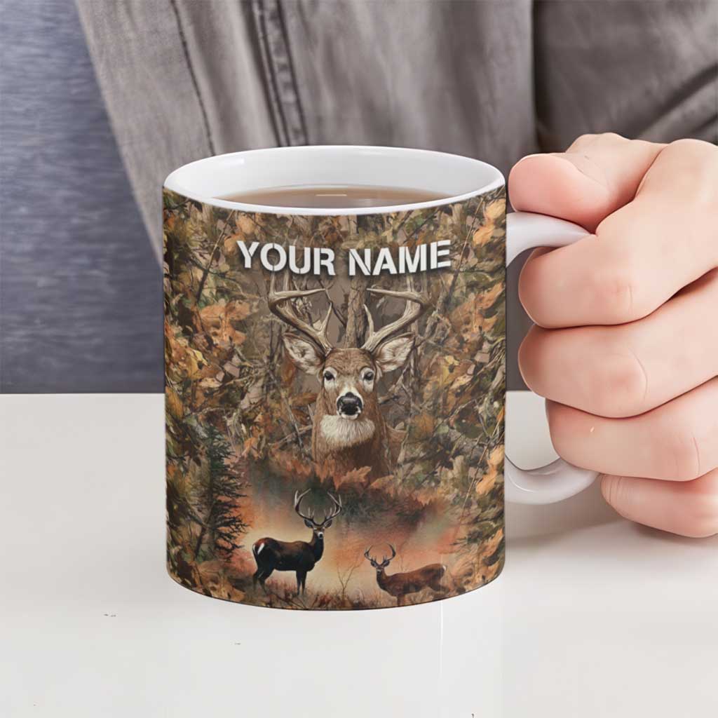 Personalized Buck Deer Hunting Ceramic Mug American Flag Sunset Forest in Camouflage