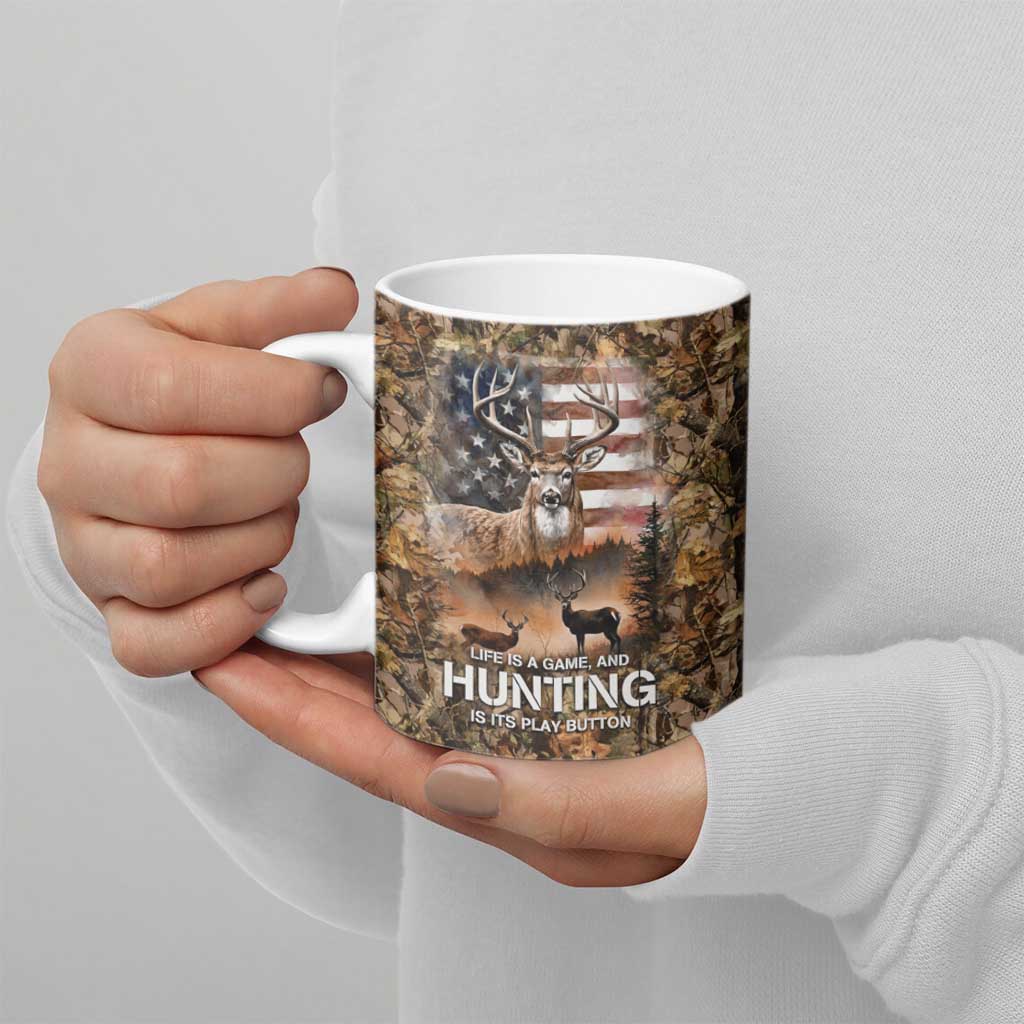 Personalized Buck Deer Hunting Ceramic Mug American Flag Sunset Forest in Camouflage