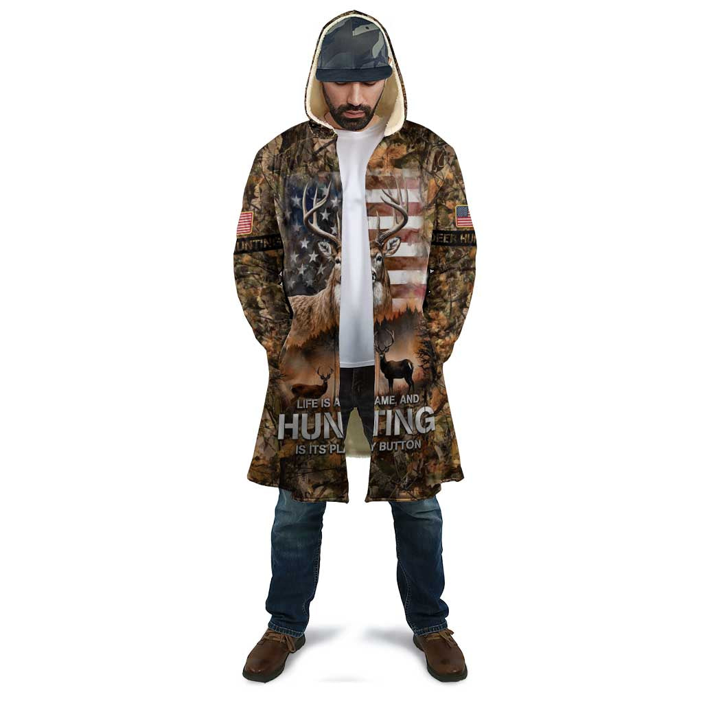 Personalized Buck Deer Hunting Cloak American Flag Sunset Forest in Camouflage