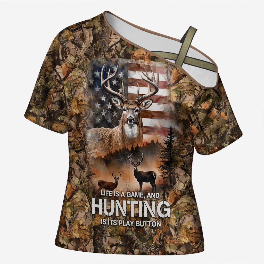 Personalized Buck Deer Hunting Cross Shoulder Shirt American Flag Sunset Forest in Camouflage