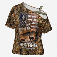 Personalized Buck Deer Hunting Cross Shoulder Shirt American Flag Sunset Forest in Camouflage