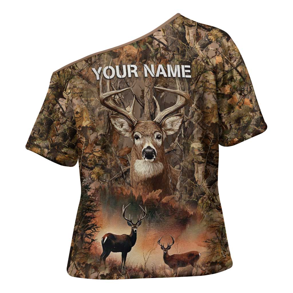 Personalized Buck Deer Hunting Cross Shoulder Shirt American Flag Sunset Forest in Camouflage