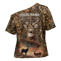 Personalized Buck Deer Hunting Cross Shoulder Shirt American Flag Sunset Forest in Camouflage