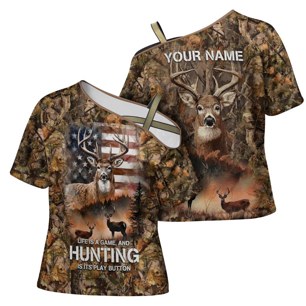 Personalized Buck Deer Hunting Cross Shoulder Shirt American Flag Sunset Forest in Camouflage