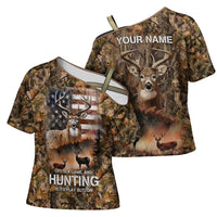 Personalized Buck Deer Hunting Cross Shoulder Shirt American Flag Sunset Forest in Camouflage