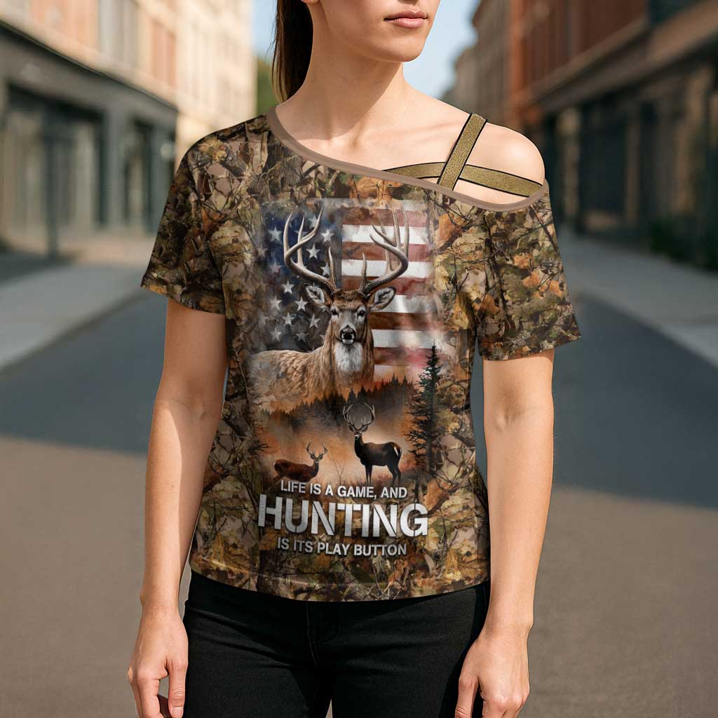 Personalized Buck Deer Hunting Cross Shoulder Shirt American Flag Sunset Forest in Camouflage