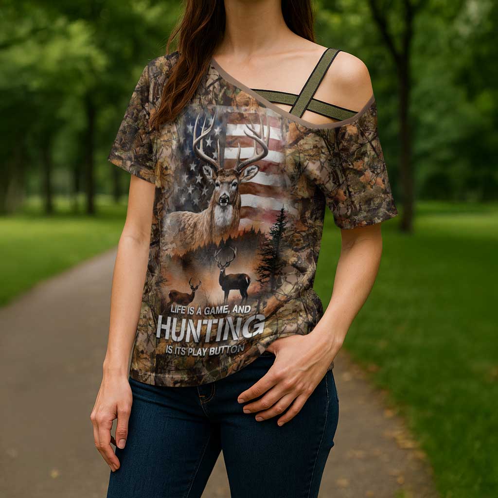 Personalized Buck Deer Hunting Cross Shoulder Shirt American Flag Sunset Forest in Camouflage