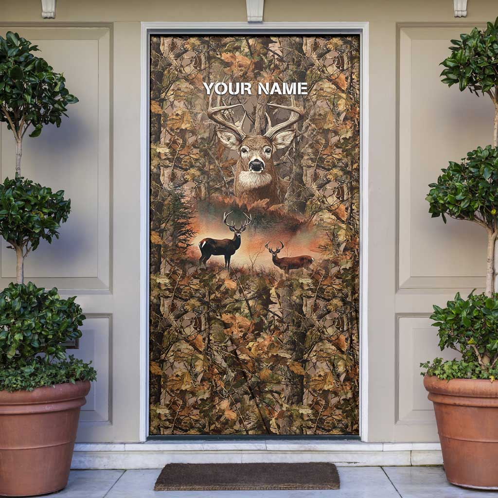 Personalized Buck Deer Hunting Door Cover American Flag Sunset Forest in Camouflage