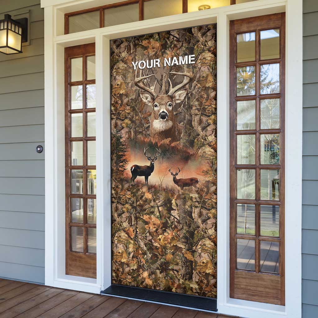 Personalized Buck Deer Hunting Door Cover American Flag Sunset Forest in Camouflage