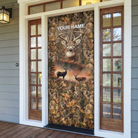 Personalized Buck Deer Hunting Door Cover American Flag Sunset Forest in Camouflage
