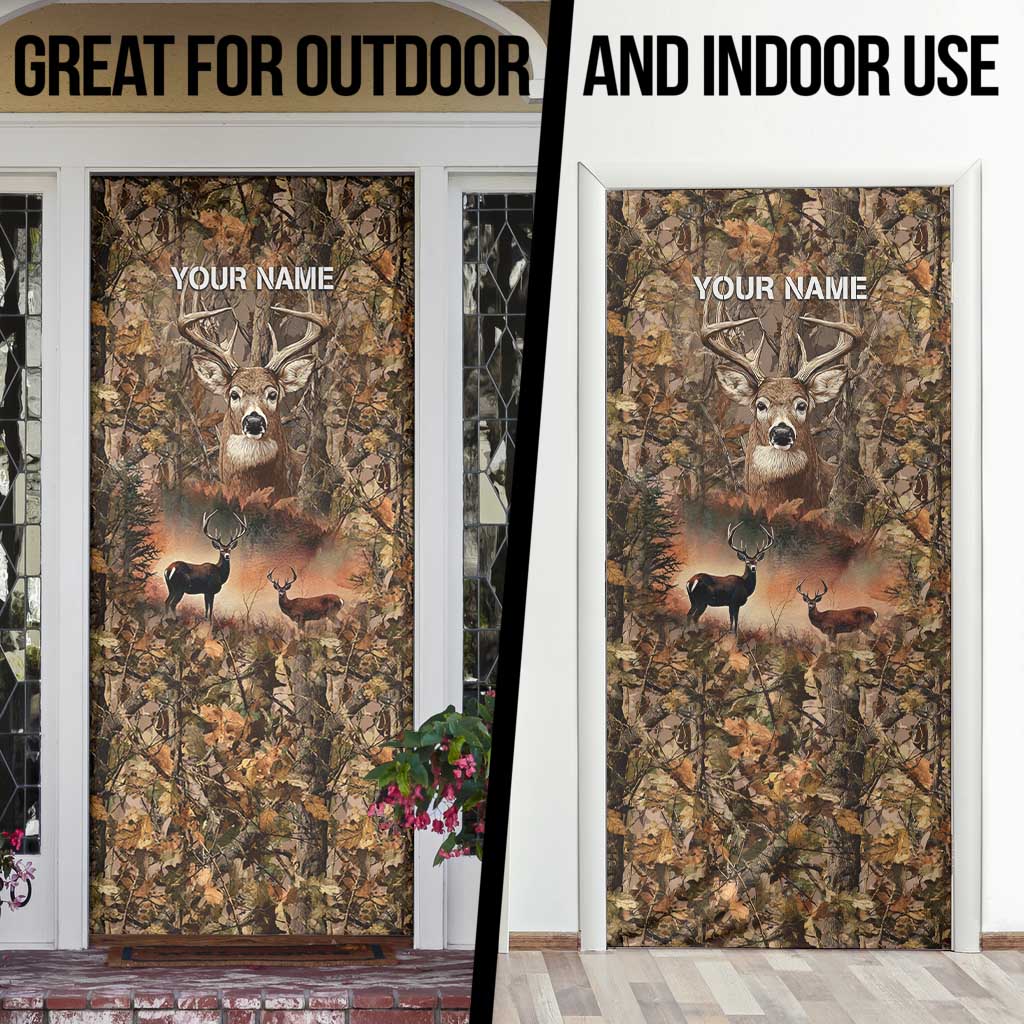 Personalized Buck Deer Hunting Door Cover American Flag Sunset Forest in Camouflage