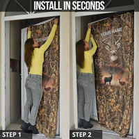 Personalized Buck Deer Hunting Door Cover American Flag Sunset Forest in Camouflage