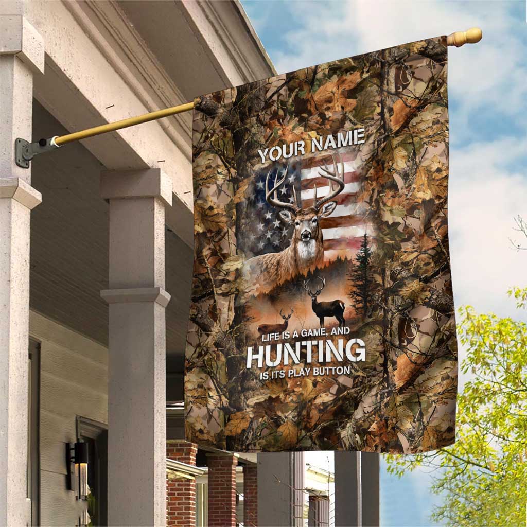 Personalized Buck Deer Hunting Garden Flag American Flag Sunset Forest in Camouflage