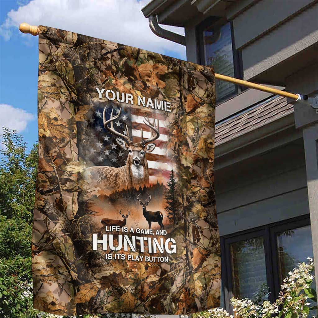 Personalized Buck Deer Hunting Garden Flag American Flag Sunset Forest in Camouflage