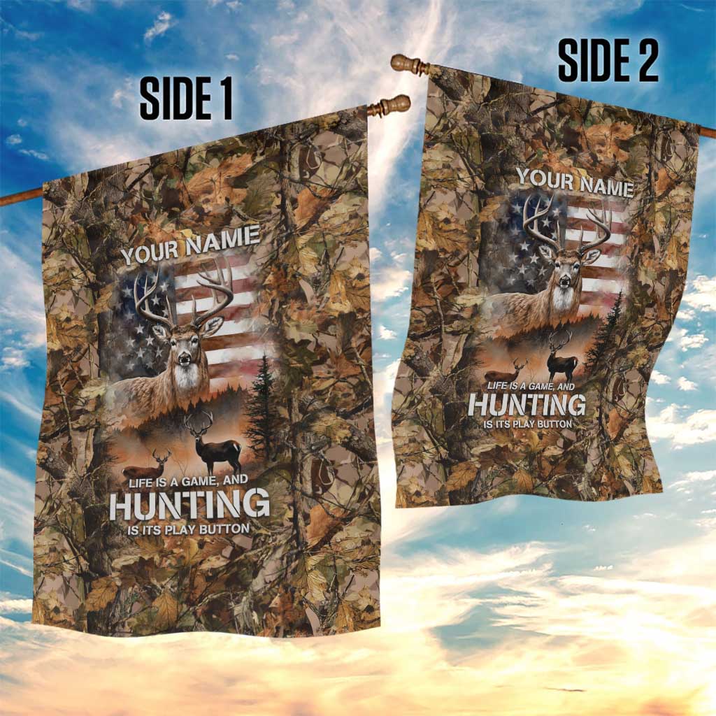 Personalized Buck Deer Hunting Garden Flag American Flag Sunset Forest in Camouflage