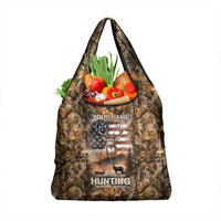 Personalized Buck Deer Hunting Grocery Bag American Flag Sunset Forest in Camouflage