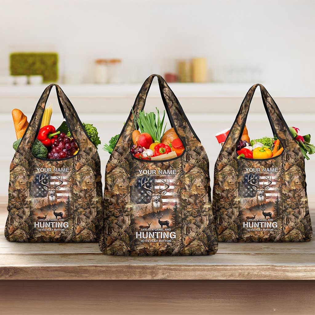 Personalized Buck Deer Hunting Grocery Bag American Flag Sunset Forest in Camouflage