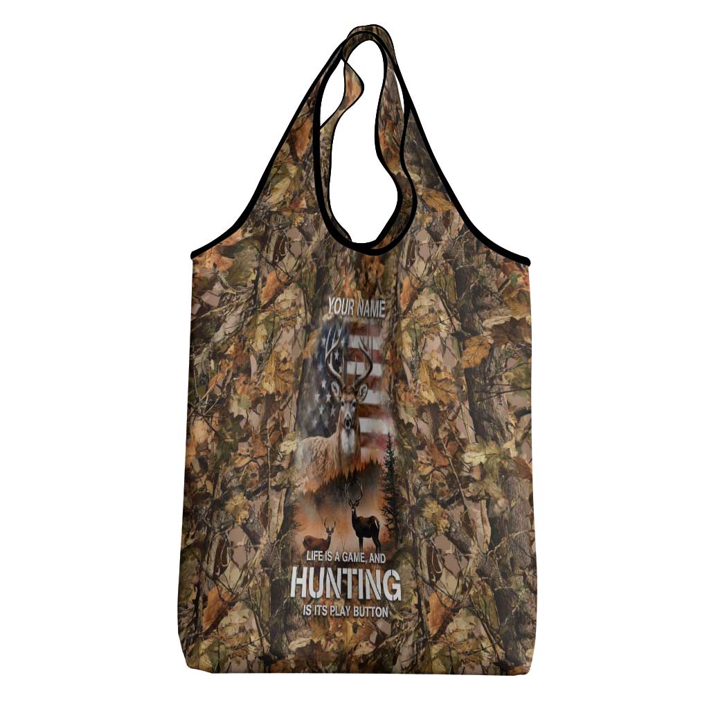 Personalized Buck Deer Hunting Grocery Bag American Flag Sunset Forest in Camouflage