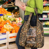 Personalized Buck Deer Hunting Grocery Bag American Flag Sunset Forest in Camouflage