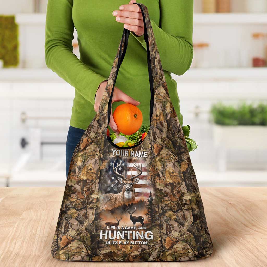 Personalized Buck Deer Hunting Grocery Bag American Flag Sunset Forest in Camouflage