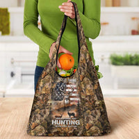 Personalized Buck Deer Hunting Grocery Bag American Flag Sunset Forest in Camouflage