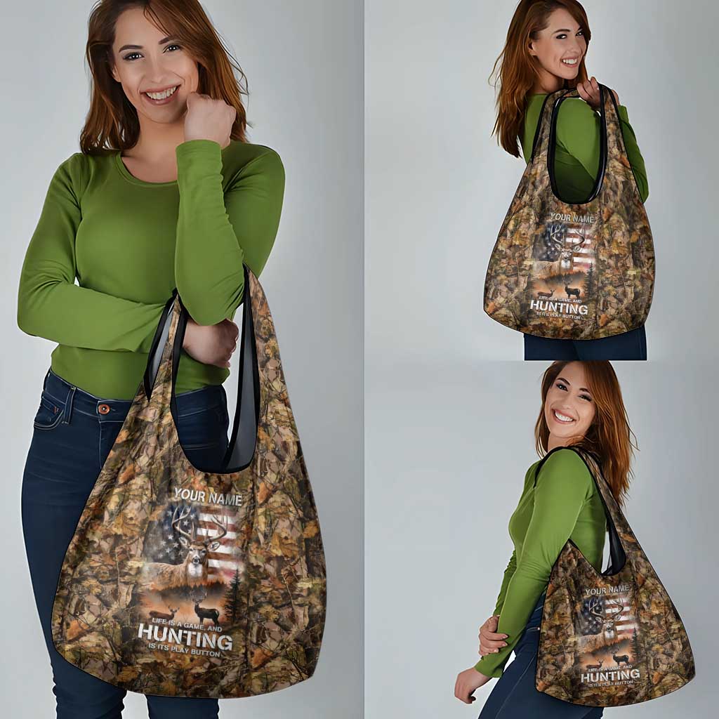 Personalized Buck Deer Hunting Grocery Bag American Flag Sunset Forest in Camouflage